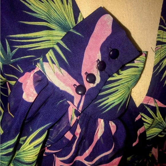 Blue Pink & Green Tropical Print, Faux Wrap, Long Sleeve, Maxi Dress - Picture 4 of 16